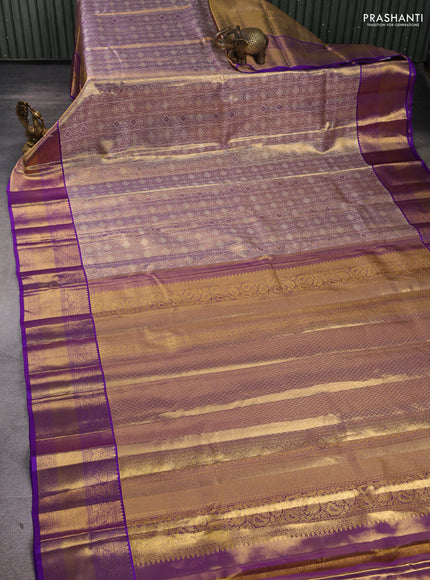 Pure kanchipuram tissue silk saree dual shade of gold and violet with allover silver zari woven brocade weaves and rich zari woven border