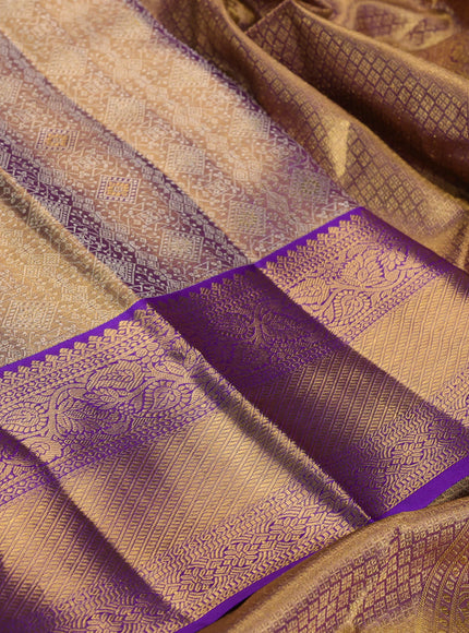 Pure kanchipuram tissue silk saree dual shade of gold and violet with allover silver zari woven brocade weaves and rich zari woven border