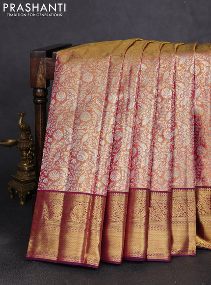 Pure kanchipuram tissue silk saree dual shade of gold and purple with allover zari woven brocade weaves and rich zari woven border