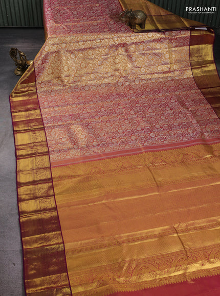 Pure kanchipuram tissue silk saree dual shade of gold and purple with allover zari woven brocade weaves and rich zari woven border
