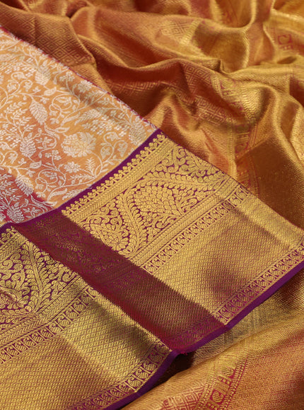 Pure kanchipuram tissue silk saree dual shade of gold and purple with allover zari woven brocade weaves and rich zari woven border
