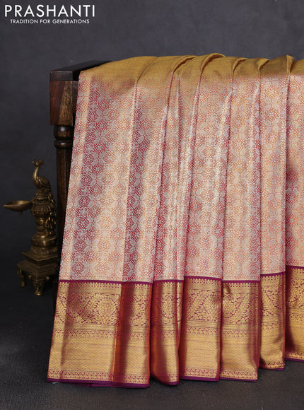Pure kanchipuram tissue silk saree gold and purple with allover zari woven brocade weaves and rich zari woven border