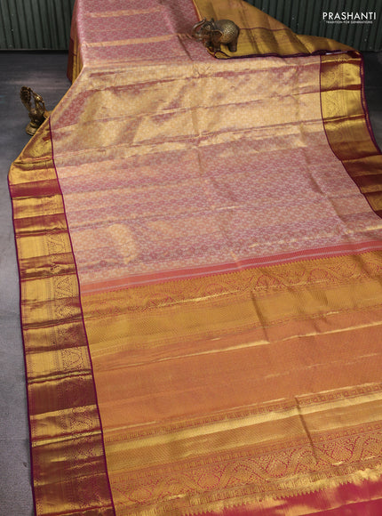 Pure kanchipuram tissue silk saree gold and purple with allover zari woven brocade weaves and rich zari woven border