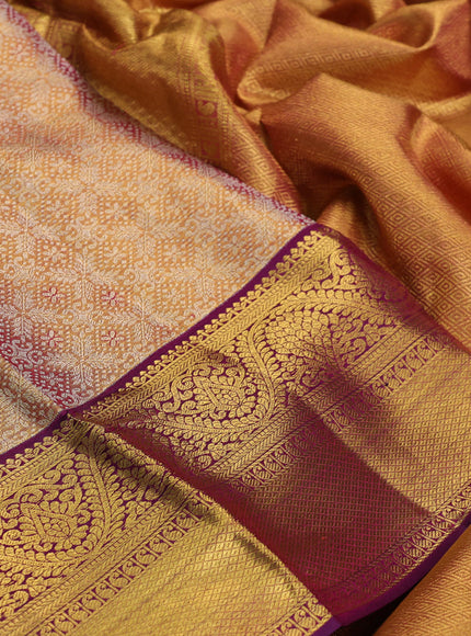 Pure kanchipuram tissue silk saree gold and purple with allover zari woven brocade weaves and rich zari woven border