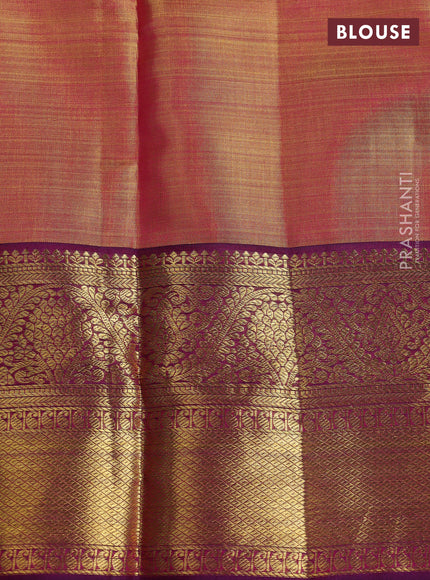 Pure kanchipuram tissue silk saree gold and purple with allover zari woven brocade weaves and rich zari woven border