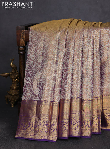 Pure kanchipuram tissue silk saree dual shade of gold and deep violet with allover zari woven brocade weaves and rich zari woven border
