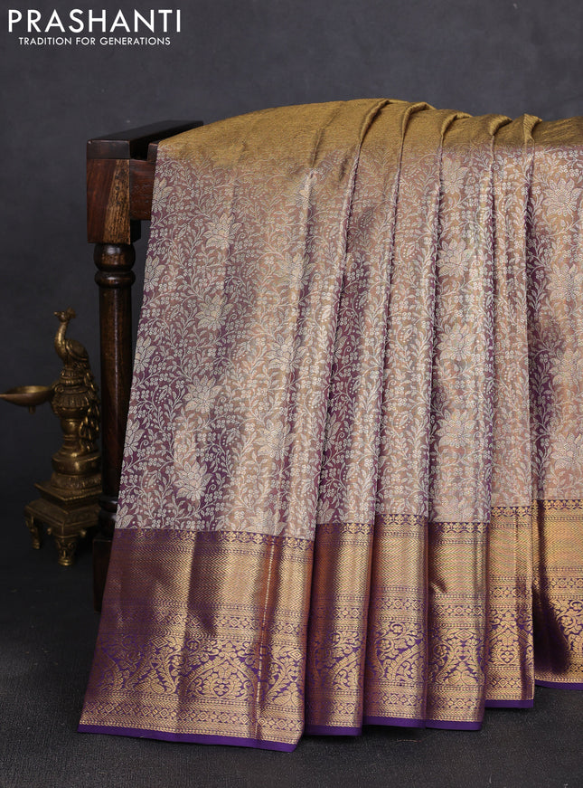 Pure kanchipuram tissue silk saree dual shade of gold and deep violet with allover zari woven brocade weaves and rich zari woven border