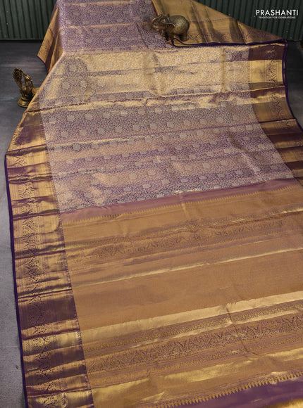 Pure kanchipuram tissue silk saree dual shade of gold and deep violet with allover zari woven brocade weaves and rich zari woven border