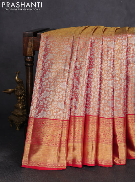 Pure kanchipuram tissue silk saree gold and red with allover zari woven brocade floral weaves and rich zari woven border