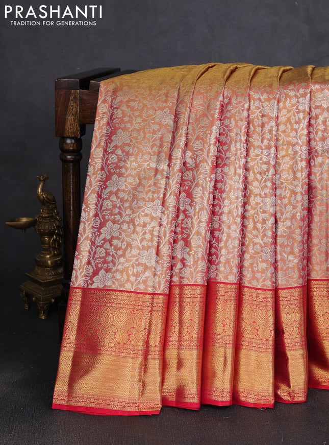 Pure kanchipuram tissue silk saree gold and red with allover zari woven brocade floral weaves and rich zari woven border