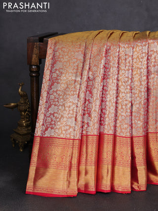 Pure kanchipuram tissue silk saree gold and red with allover zari woven brocade floral weaves and rich zari woven border