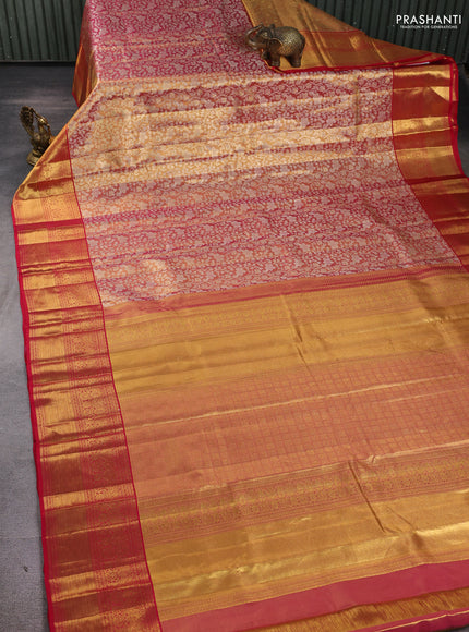 Pure kanchipuram tissue silk saree gold and red with allover zari woven brocade floral weaves and rich zari woven border