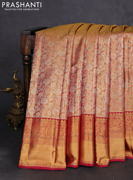 Pure kanchipuram tissue silk saree gold and maroon with allover zari woven brocade weaves and rich zari woven border