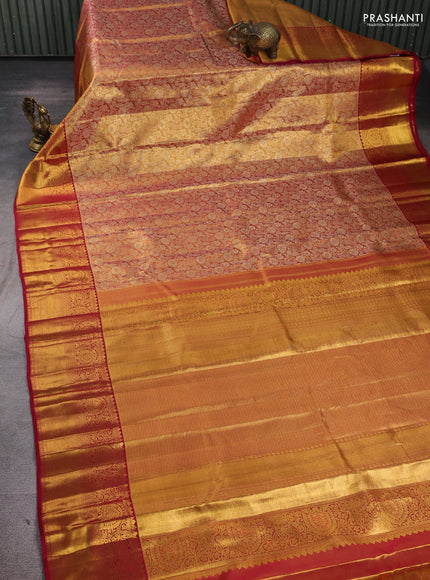 Pure kanchipuram tissue silk saree gold and maroon with allover zari woven brocade weaves and rich zari woven border