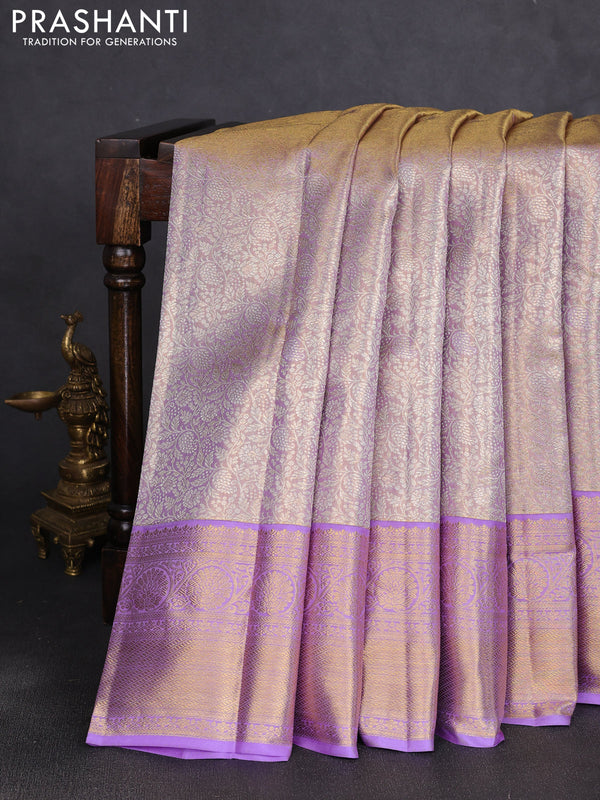 Pure kanchipuram tissue silk saree mild lavender and lavender with allover zari woven brocade weaves and rich zari woven border