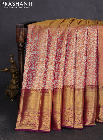 Pure kanchipuram tissue silk saree gold and purple with allover zari woven brocade weaves and long rich zari woven border