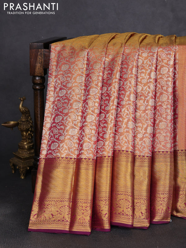 Pure kanchipuram tissue silk saree gold and purple with allover zari woven brocade weaves and long rich zari woven border