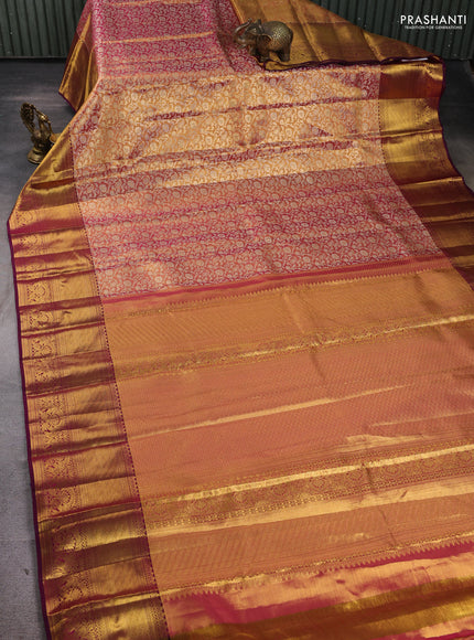 Pure kanchipuram tissue silk saree gold and purple with allover zari woven brocade weaves and long rich zari woven border