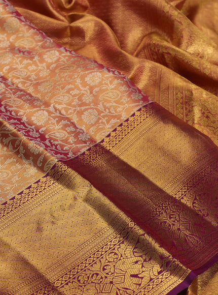 Pure kanchipuram tissue silk saree gold and purple with allover zari woven brocade weaves and long rich zari woven border