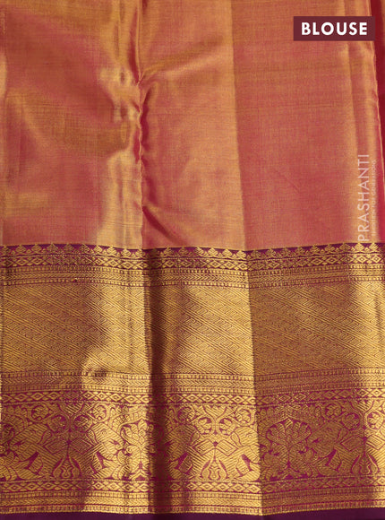 Pure kanchipuram tissue silk saree gold and purple with allover zari woven brocade weaves and long rich zari woven border