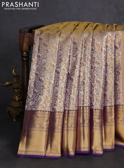 Pure kanchipuram tissue silk saree gold and purple with allover zari woven brocade weaves and rich zari woven border