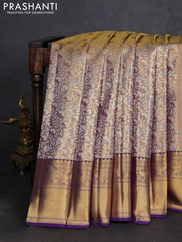 Pure kanchipuram tissue silk saree gold and purple with allover zari woven brocade weaves and rich zari woven border