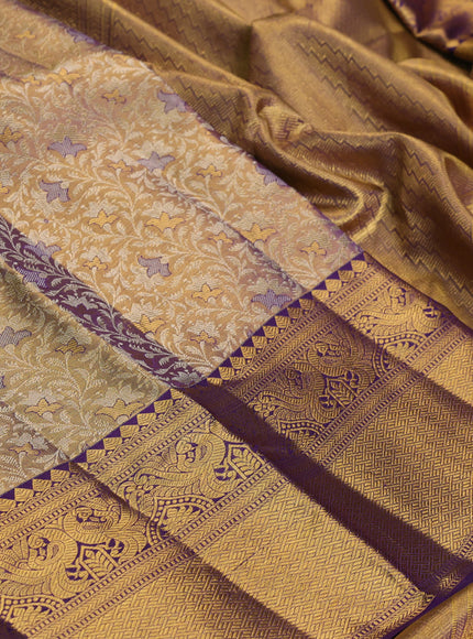 Pure kanchipuram tissue silk saree gold and purple with allover zari woven brocade weaves and rich zari woven border