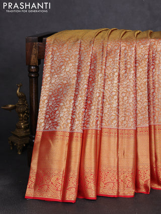 Pure kanchipuram tissue silk saree gold and red with allover zari woven brocade weaves and long rich zari woven border