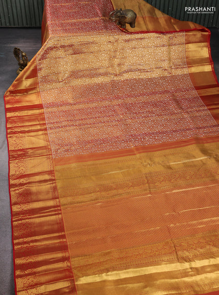 Pure kanchipuram tissue silk saree gold and red with allover zari woven brocade weaves and long rich zari woven border