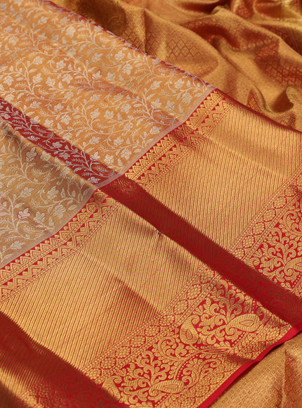 Pure kanchipuram tissue silk saree gold and red with allover zari woven brocade weaves and long rich zari woven border