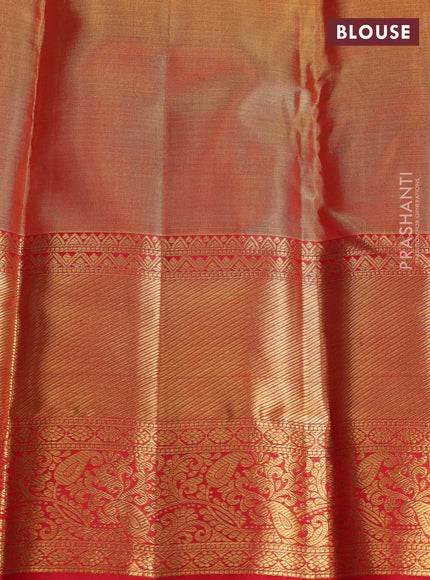 Pure kanchipuram tissue silk saree gold and red with allover zari woven brocade weaves and long rich zari woven border