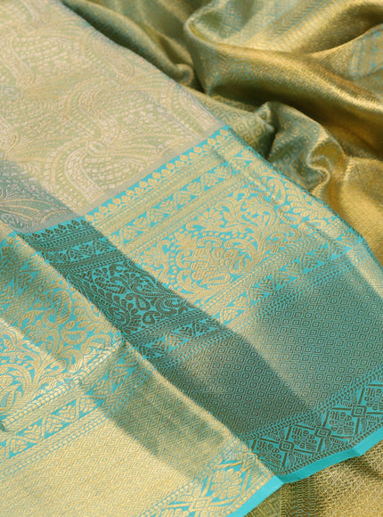 Pure kanchipuram tissue silk saree golden teal and teal blue with allover zari woven brocade weaves and rich zari woven border