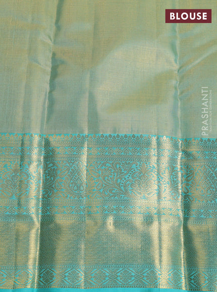 Pure kanchipuram tissue silk saree golden teal and teal blue with allover zari woven brocade weaves and rich zari woven border