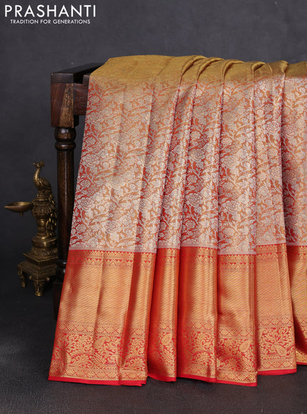 Pure kanchipuram tissue silk saree golden orange and red with allover zari woven brocade floral weaves and long rich zari woven border