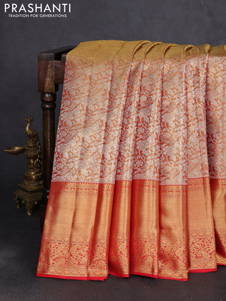 Pure kanchipuram tissue silk saree golden orange and red with allover zari woven brocade floral weaves and long rich zari woven border