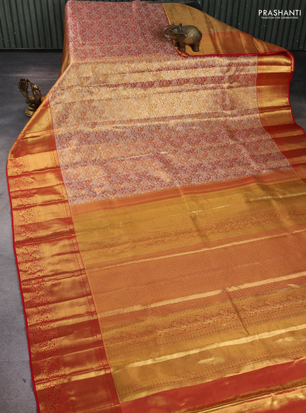 Pure kanchipuram tissue silk saree golden orange and red with allover zari woven brocade floral weaves and long rich zari woven border