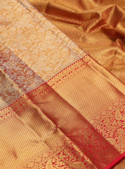 Pure kanchipuram tissue silk saree golden orange and red with allover zari woven brocade floral weaves and long rich zari woven border