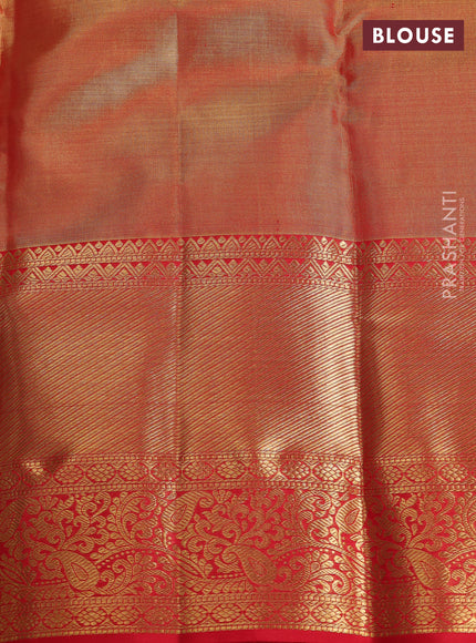 Pure kanchipuram tissue silk saree golden orange and red with allover zari woven brocade floral weaves and long rich zari woven border
