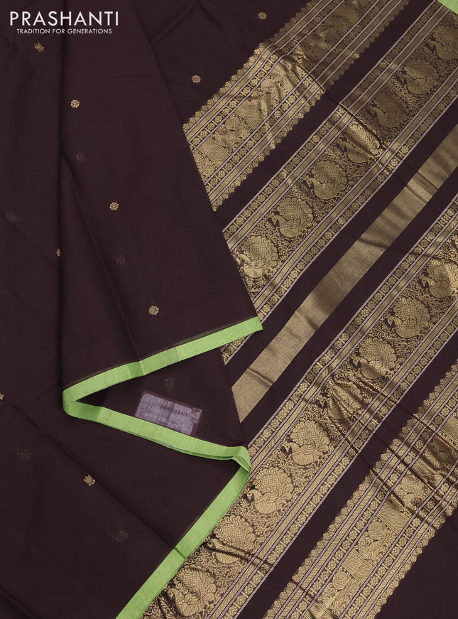 Kanchi cotton saree coffee brown and light green with zari woven buttas and piping border