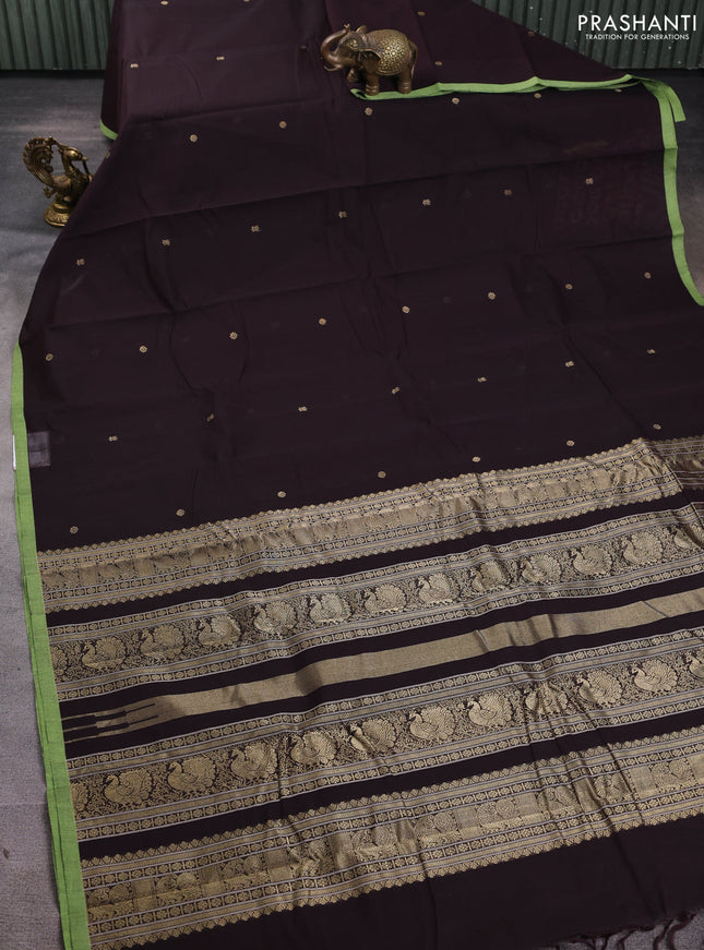 Kanchi cotton saree coffee brown and light green with zari woven buttas and piping border