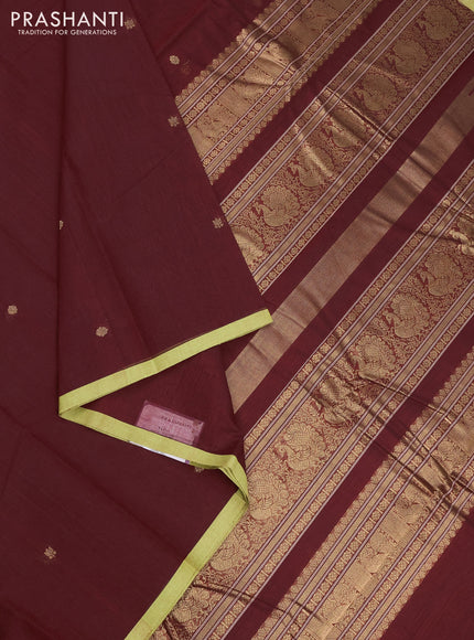 Kanchi cotton saree maroon and light green with zari woven buttas and piping border