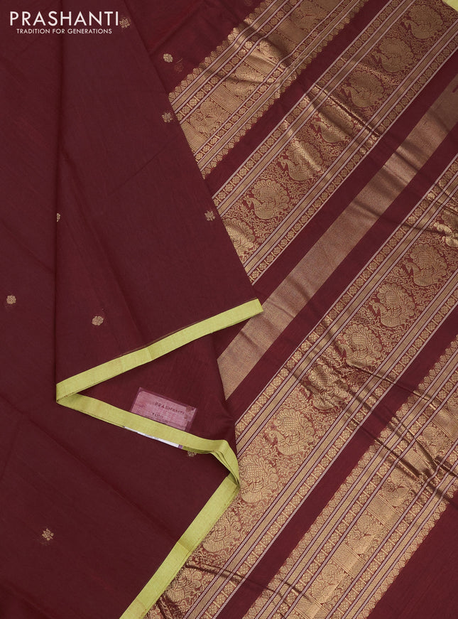 Kanchi cotton saree maroon and light green with zari woven buttas and piping border