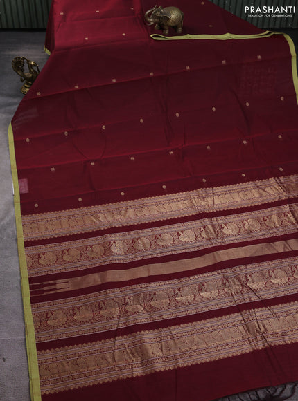 Kanchi cotton saree maroon and light green with zari woven buttas and piping border