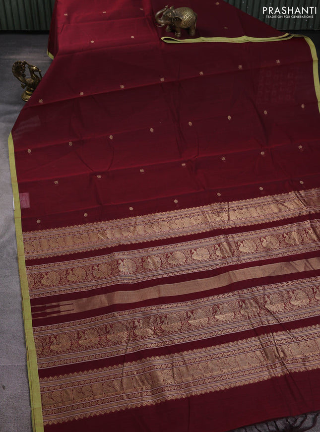 Kanchi cotton saree maroon and light green with zari woven buttas and piping border