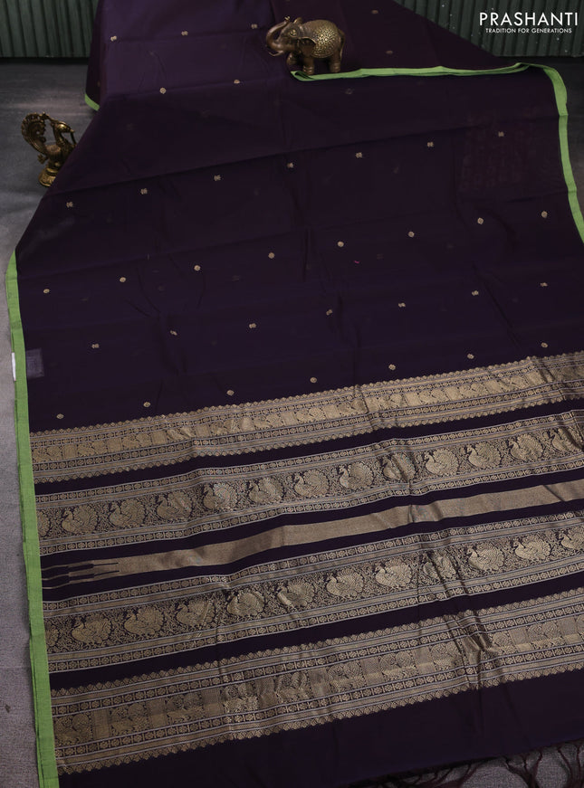 Kanchi cotton saree deep jamun shade and light green with zari woven buttas and piping border