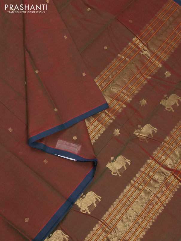 Kanchi cotton saree dual shade of greenish red and green with zari woven buttas and piping border
