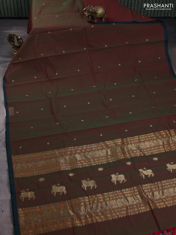 Kanchi cotton saree dual shade of greenish red and green with zari woven buttas and piping border