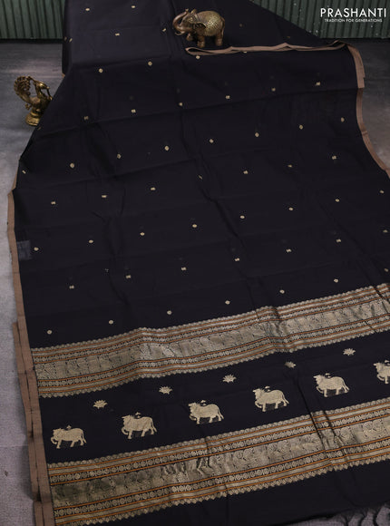 Kanchi cotton saree black and beige with zari woven buttas and piping border