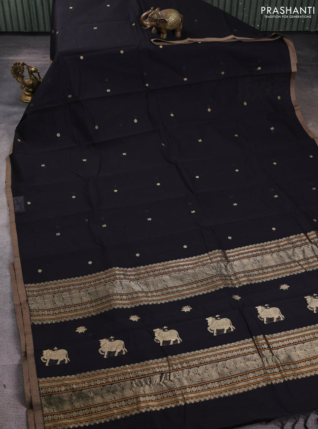 Kanchi cotton saree black and beige with zari woven buttas and piping border
