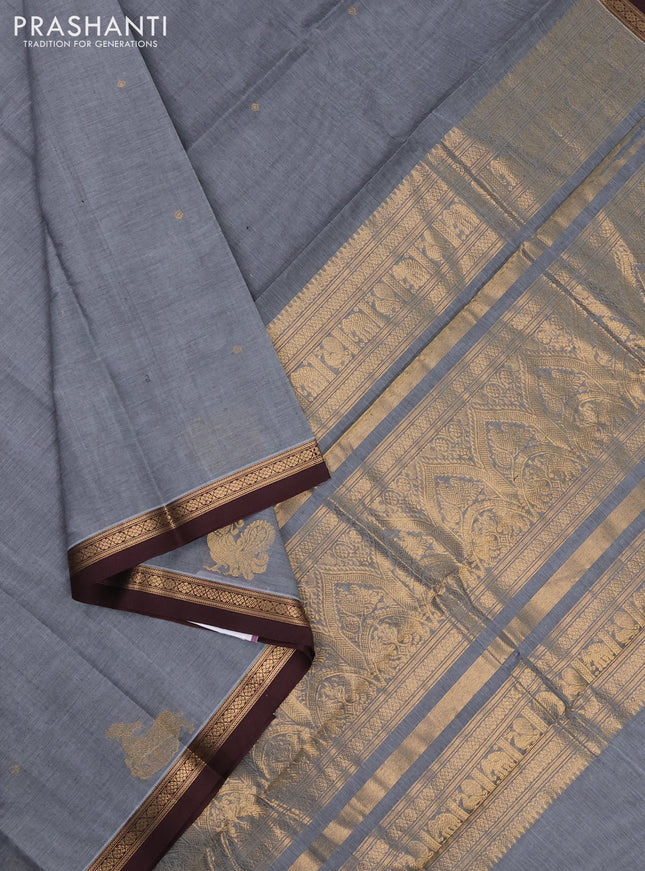Kanchi cotton saree grey and coffee brown with zari woven buttas and zari woven border